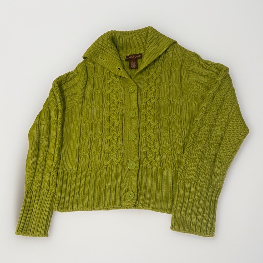 Bandolino Wool Blend Cable Knit Cardigan Sweater Lime Green Wide Collar Size M